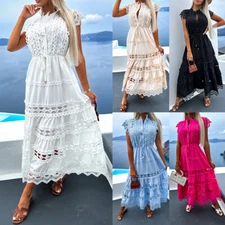 Womens Lace Short Sleeve Hollow Out Long Dress Summer Holiday Beach Sundress