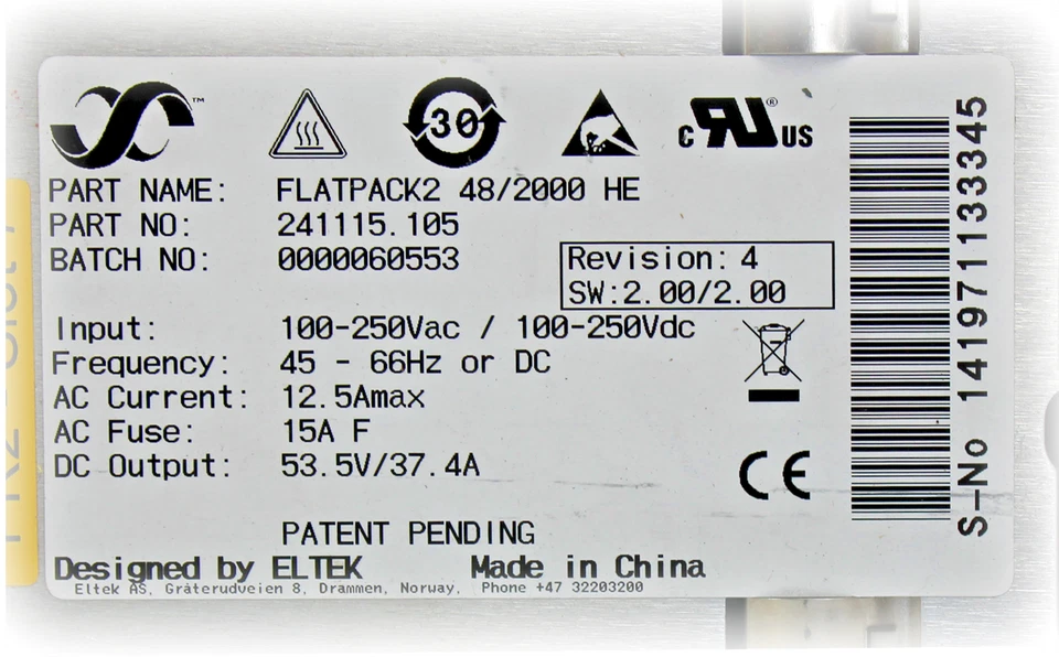 Rectificador Eltek Flatpack 2 Alta Eficiencia 2000 W -48 VDC, 40 amperios USADO Foto 3 de 4