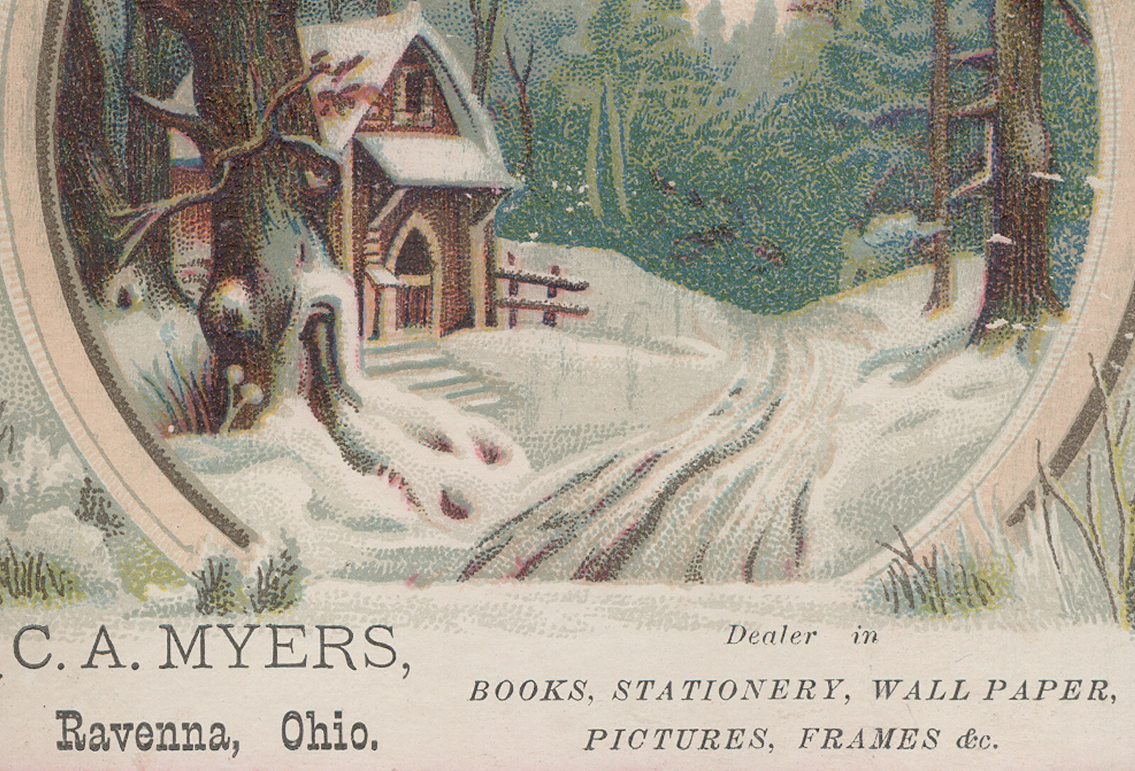RAVENNA OH VICTORIAN TRADE CARD,C A MYERS, BOOKS, WALL PAPER, FRAMES, etc  C1041