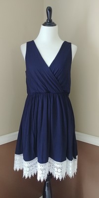 navy blue dress with white lace trim