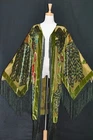 Classic Hippie Peacock Fringe Duster Kimono Opera Jacket  Velvet Olive Green XL