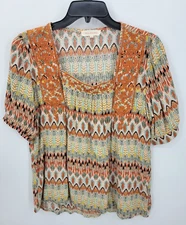 Solitaire Top Womens Large Aztec Tribal Embroidered Puff Sleeve Boho Artsy Shirt