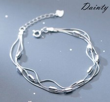 DAINTY Women/ Girl 925 Sterling Silver Oval Bead Triple Chain Bracelet 6.5-7.5"