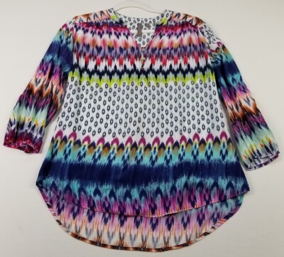 Brina Em Tunic Top Womens Large Multicolor Ikat 3/4 Sleeve V