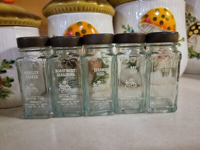 Set of Vintage Crystal Food Products Glass Spice Bottles Jars with Lids 