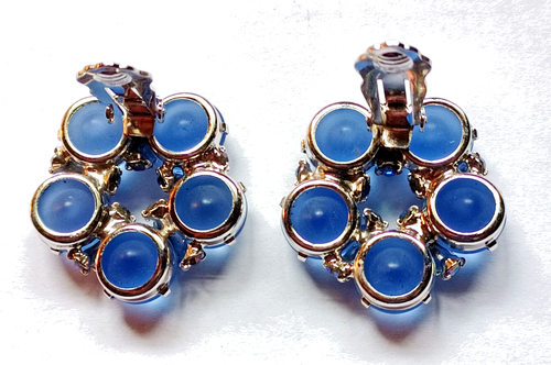 Pendientes de clip vintage de cabujón de vidrio azul y diamantes de imitación AB - Imagen 8 de 9