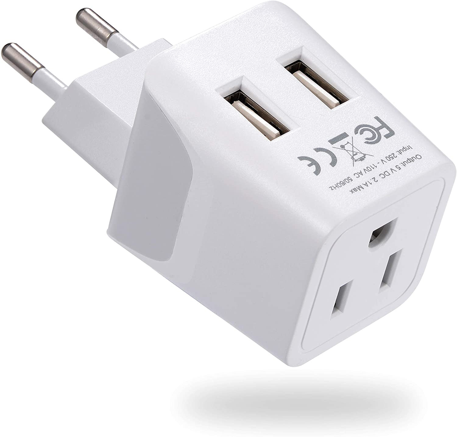 Ceptics Europe Travel Adapter, Ultra Compact Dual USB Power Plug - for European 