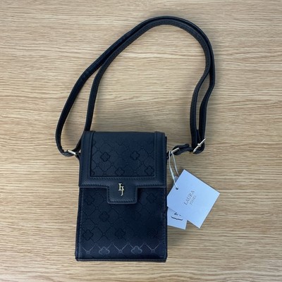 LAURA JONES Tasche schwarz klein Crossover Monogramm Muster strukturiert Kunstleder