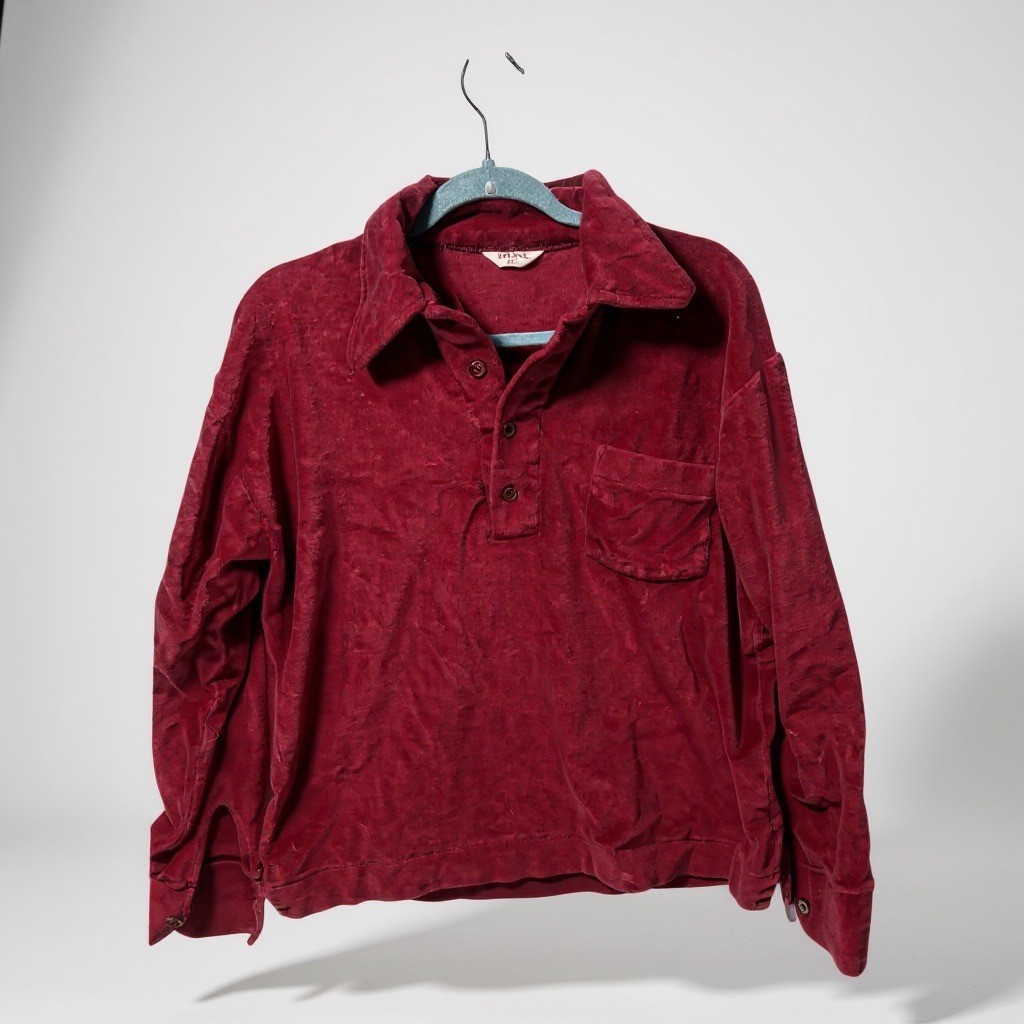 Vintage Burgundy Velour Polo Shirt Long Sleeve Collared Pocket Size L