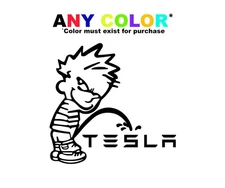 Calvin Peeing Boy Peeing Tesla Decal | Funny Truck Sticker | Parody Automotive