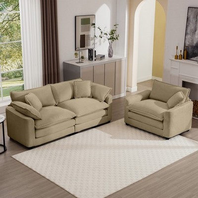 Tan Corduroy 3-Seat Sofa Set, 2-Piece Loveseat & Couch for Modern Living Room