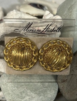 Vintage Rare Miriam Haskell Gold Tone Round Clip Earrings