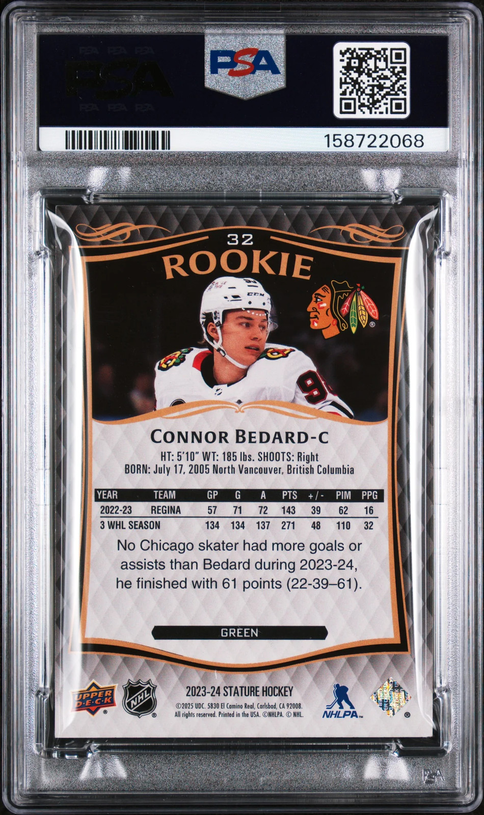 2024 Upper Deck Stature Update Connor Bedard #32 2023 Green /375 PSA 9 view 2