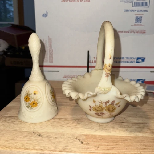 FENTON Bell Handpainted Yellow Daisies Rose & And Basket BothCustard 6.5” Signed