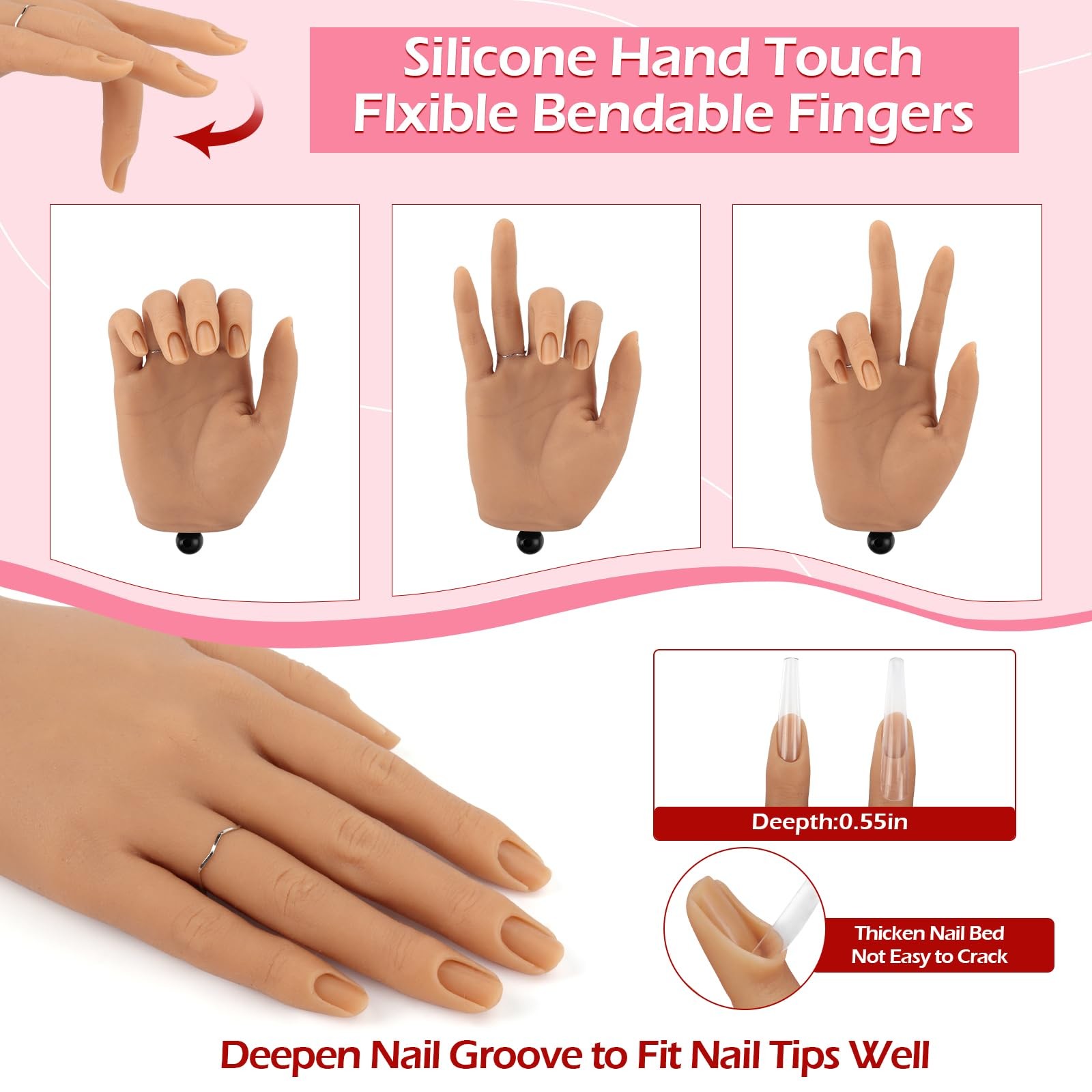 Practice Hand for Acrylic Nails, Silicone Nail Hand Practice, Flexible Finger...