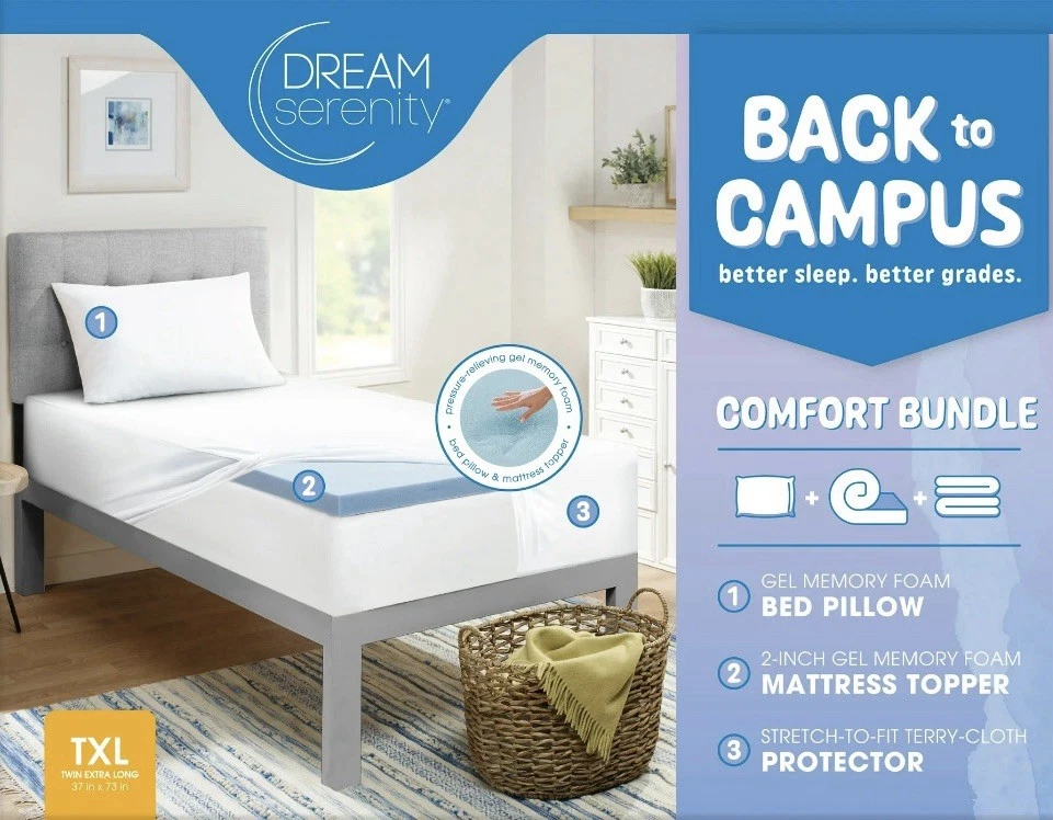 Dream Serenity Memory Foam Pillow, 2" Topper, Mattress Protector Bundle, Twin-XL