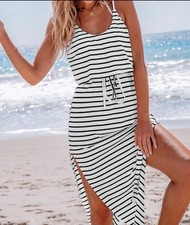 Striped Sleeveless Midi Beach Dress Black White Drawstring Waist Side Slit