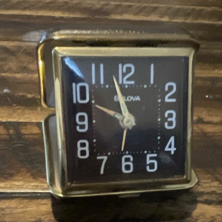 Bulova Folding Travel Alarm Clock Analog Mechanical Black/Gold Arabic Numerals