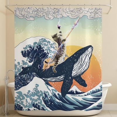 Funny Cat Shower Curtain - Cool Cat Whale Lightning Japanese Ocean Wave Fabri...