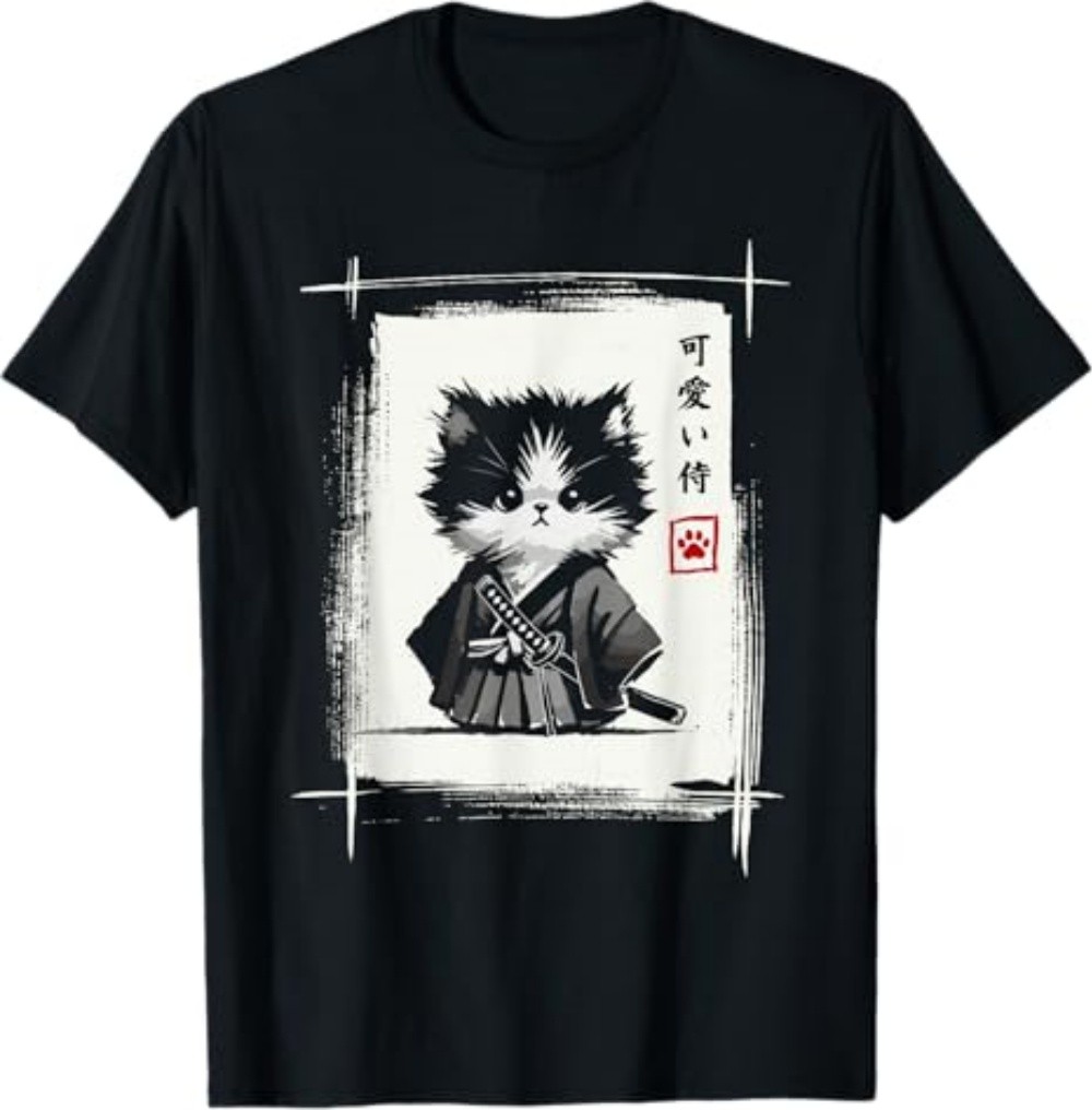 Samurai Cat Japanese Art Sumi-e Novelty Kawaii Funny Cat T-Shirt
