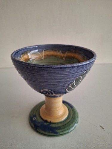 Belinda Brayshaw Pottery Goblet Chalice Earthenware Blue & Yellow Signed 11x10cm - Picture 4 of 15