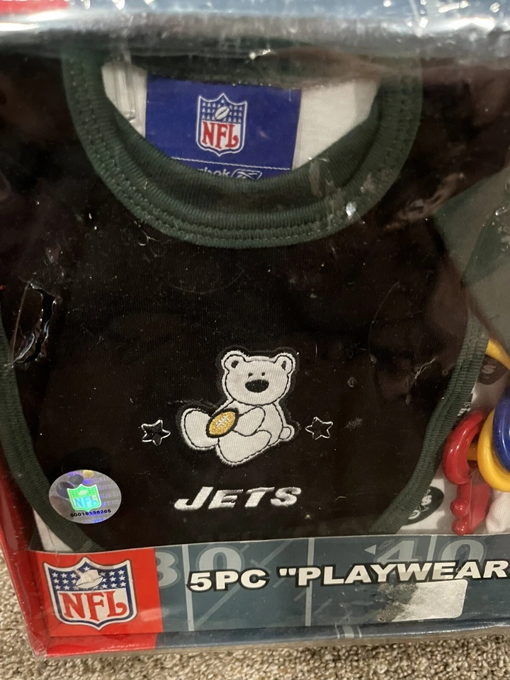 New York Jets 5 Piezas Bebé Creeper Pantalón Babero Sombrero Llaves Reebok 0-9 Meses Foto 3 de 4