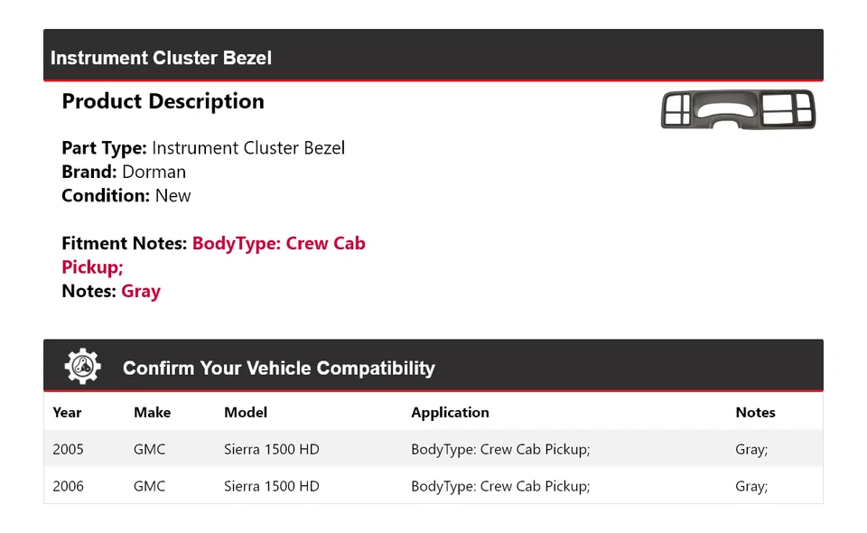Bisel de cuadro de instrumentos Dorman doble cabina GMC Sierra 1500 HD 2005-2006 Foto 2 de 4