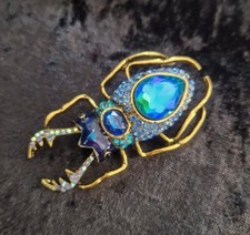 Gold Tone Blue Beetle Rhinestone Insect Brooch Pin Vintage Inspired Jewellery 