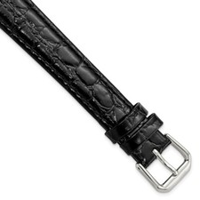 16mm 8.5" Long Black Alligator Style Grain Leather Silver-tone Buckle Watch Band