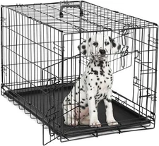 Dog Crate Double Door Dog Cage with Divider Panel Plastic Leak-Proof Pan Tray