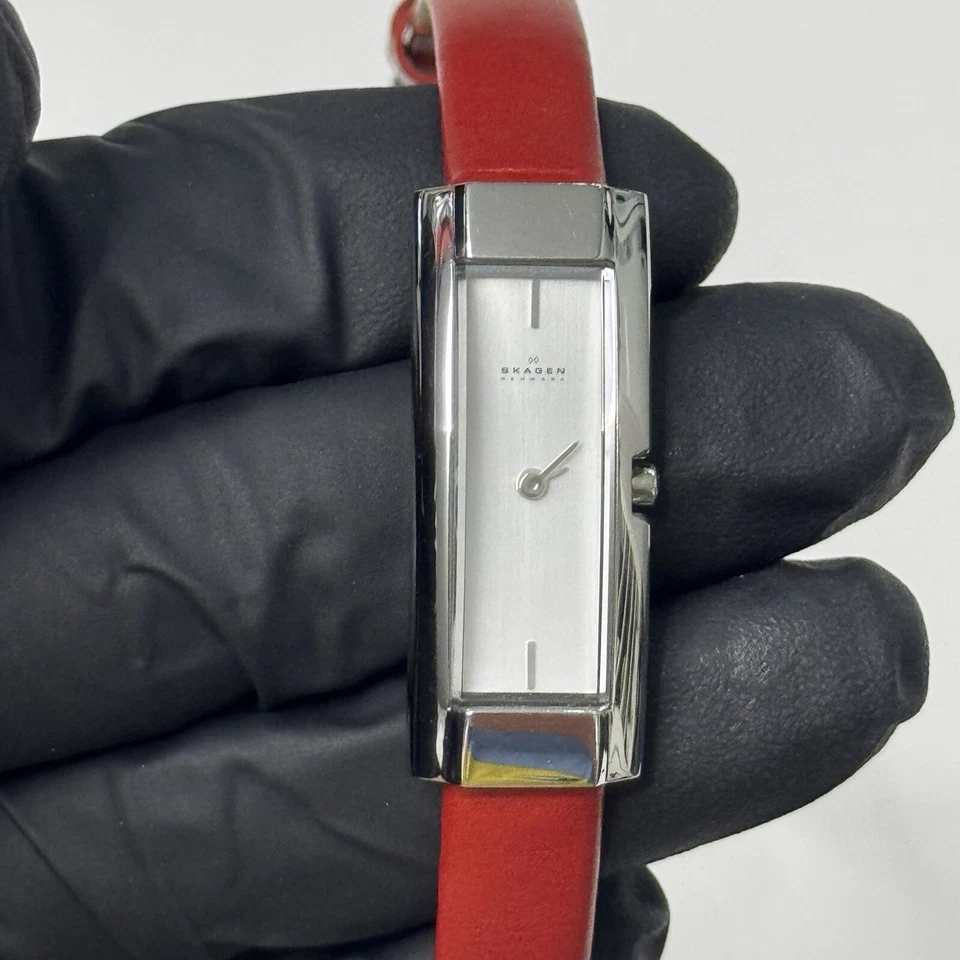Reloj Skagen Hagen Denmark 353SSLC para mujer plateado rojo piel de becerro genuina MUY BUENO Foto 3 de 4