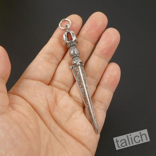 Solid 925 Sterling Silver Large Long Vajra Amulet Pendant with Ornate Scroll - Picture 6 of 10