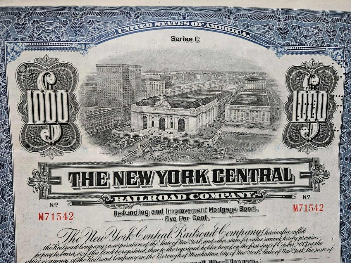 Rare Antique 1921 New York Central Railroad $1000 5% Bond  display picture 1