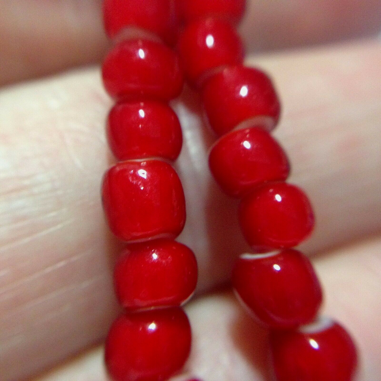 4mm Vintage Red Venetian White Heart Trade Beads, Approx. 100 Beads per Strand