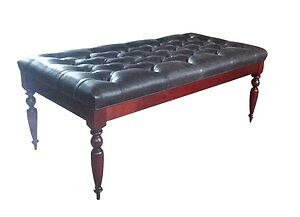 Handcrafted Tufted Cocktail Ottoman of Solid Cherry with Espresso Brown Leather