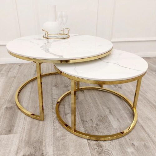 Nesting Gold Coffee Tables with white marble sintered top Round Gold/White - Picture 1 of 6