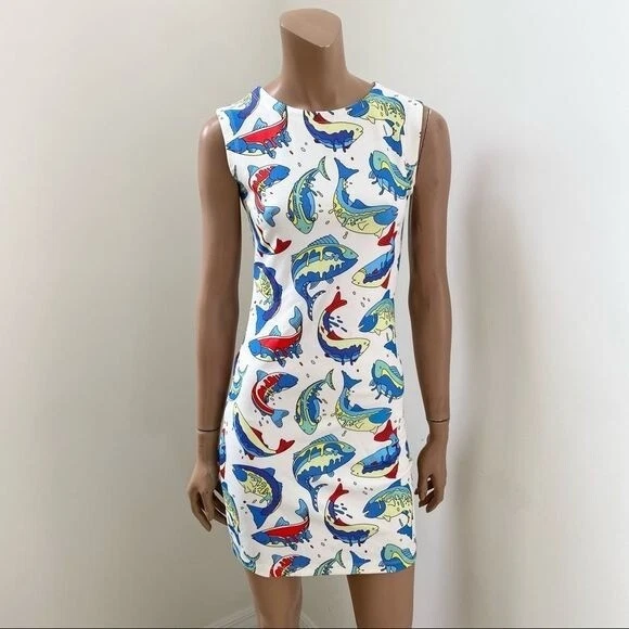 KENZO Paris Mini Abito Crepe Bianco Stampa Pesce S