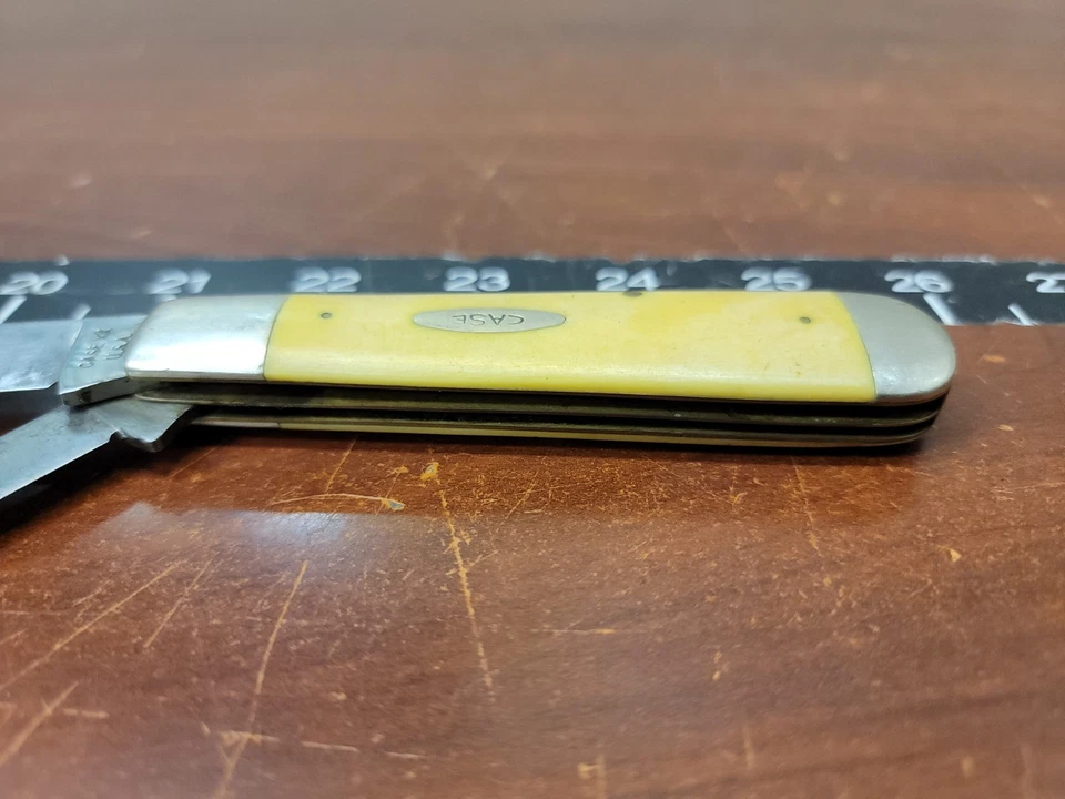 Cuchillo sintetizador amarillo Case XX EE. UU. 5 puntos 1975 extremo hinchable torpedo gato pesado 3299 1/2 Foto 3 de 4