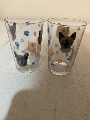 Vintage Libbey Country Cat Kitty Kit Glasses Set of 2 Paw Print Tumblers