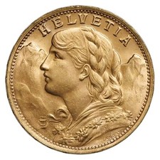Swiss Gold 20 Francs Helvetia Coin Avg Circ - Random Year