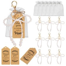 20 Set White Pearl Bow Keychain Party Favor Bulk Steel Bowknot Keyring Charm ...