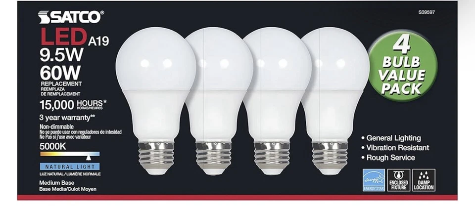SATCO LED Light Bulbs - A19/9.5W 5000K Natural Light 800 Lumens (4-pack) S39597 - Image 3 of 4