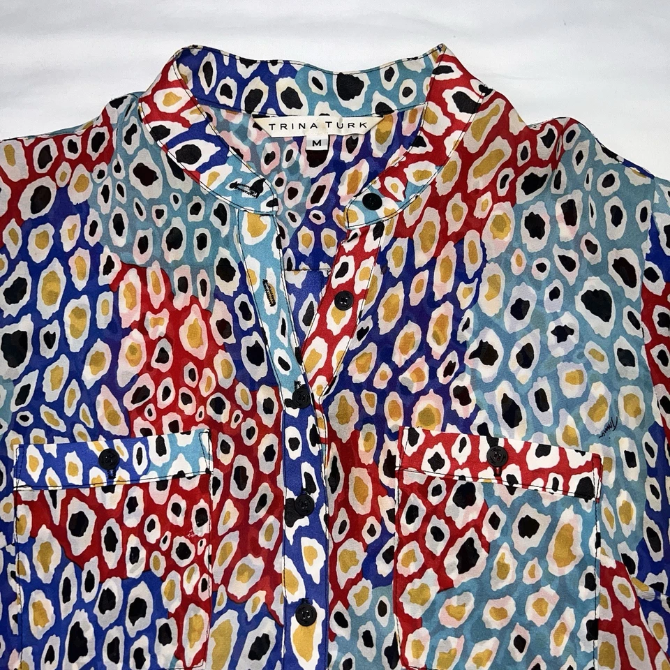 TRINA TURK Blouse Size Medium Multi-Color Spotted Print Half Button Lightweight. - Image 2 of 4