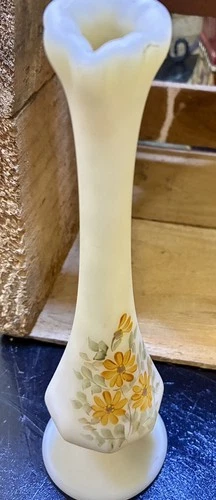 FENTON Satin Custard Glass Swung Bud Vase Floral 10" Tall Vintage Hand Painted
