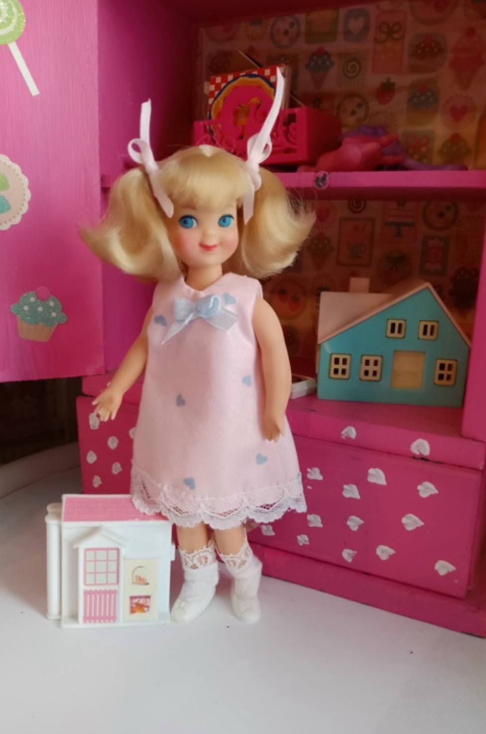Tutti #1 Reversible Blue Heart Pink Valentine Dress Set - Handmade Doll Clothes