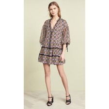 Alice and Olivia Tiered Arnette Boho Printed Tie Neck Tunic Mini Dress Size S