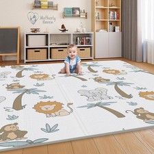 79x71 Foldable Baby Play Mat for Floor, Extra Large Reversible Foam Safari