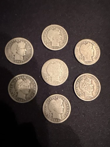1893-O & 1906-D Barber Dime Lot 7 Coins 1900 1904 1905 1907 1910 90% Silver