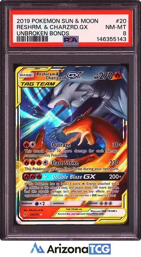 Pokemon 2019 Reshiram & Charizard GX 20/214 Tag Team Unbroken Bonds PSA 8