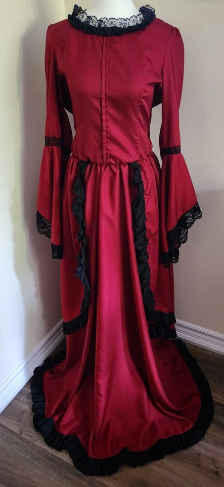 VESTIDO DE NAVIDAD VICTORIANO ESTILO 1800 rojo y negro encaje EE. UU. 12 talla L nunca usado Foto 2 de 4